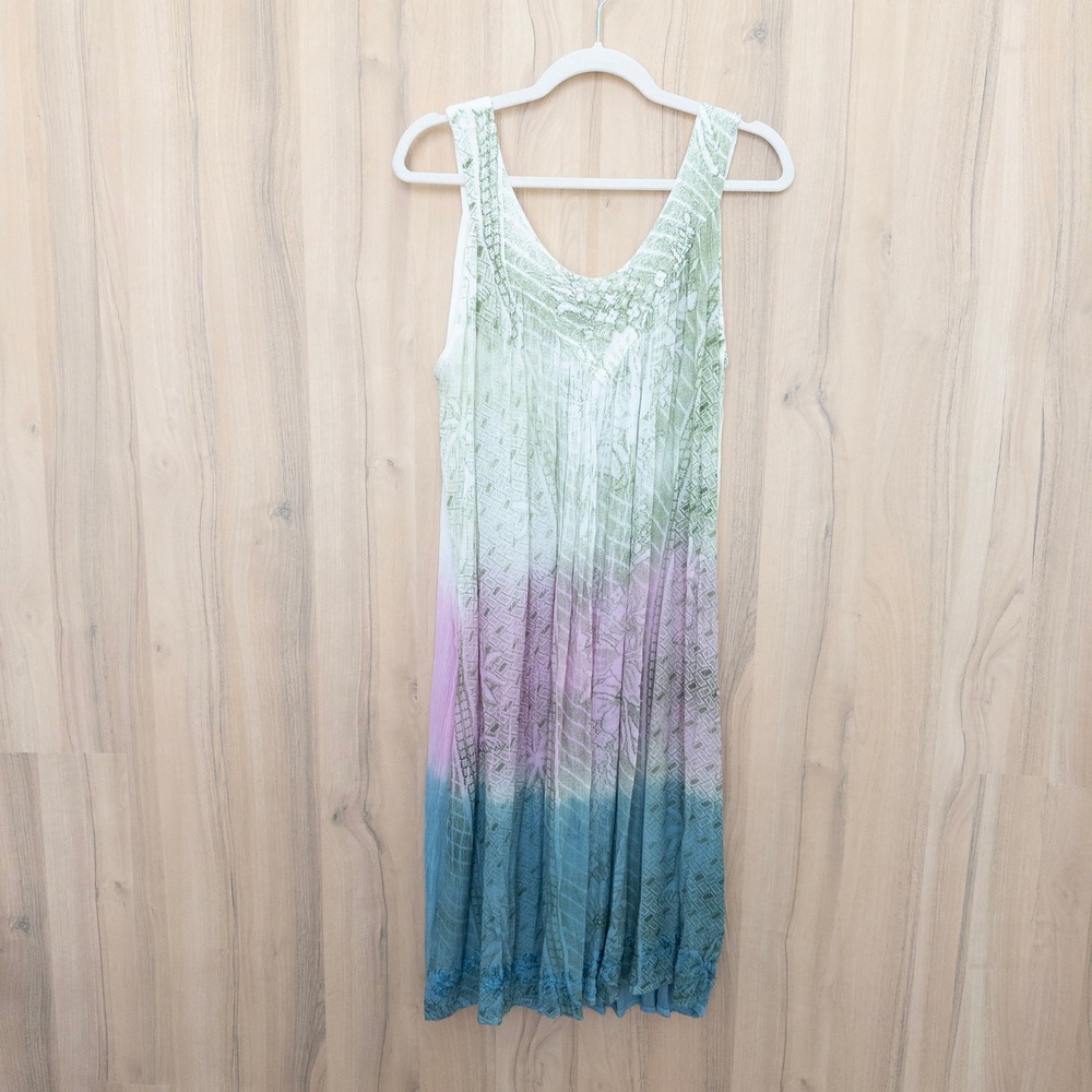 Womens Embroidered Ombre Midi Dress L/XL Floral Tie Dye Boho Fairy Coastal Flowy